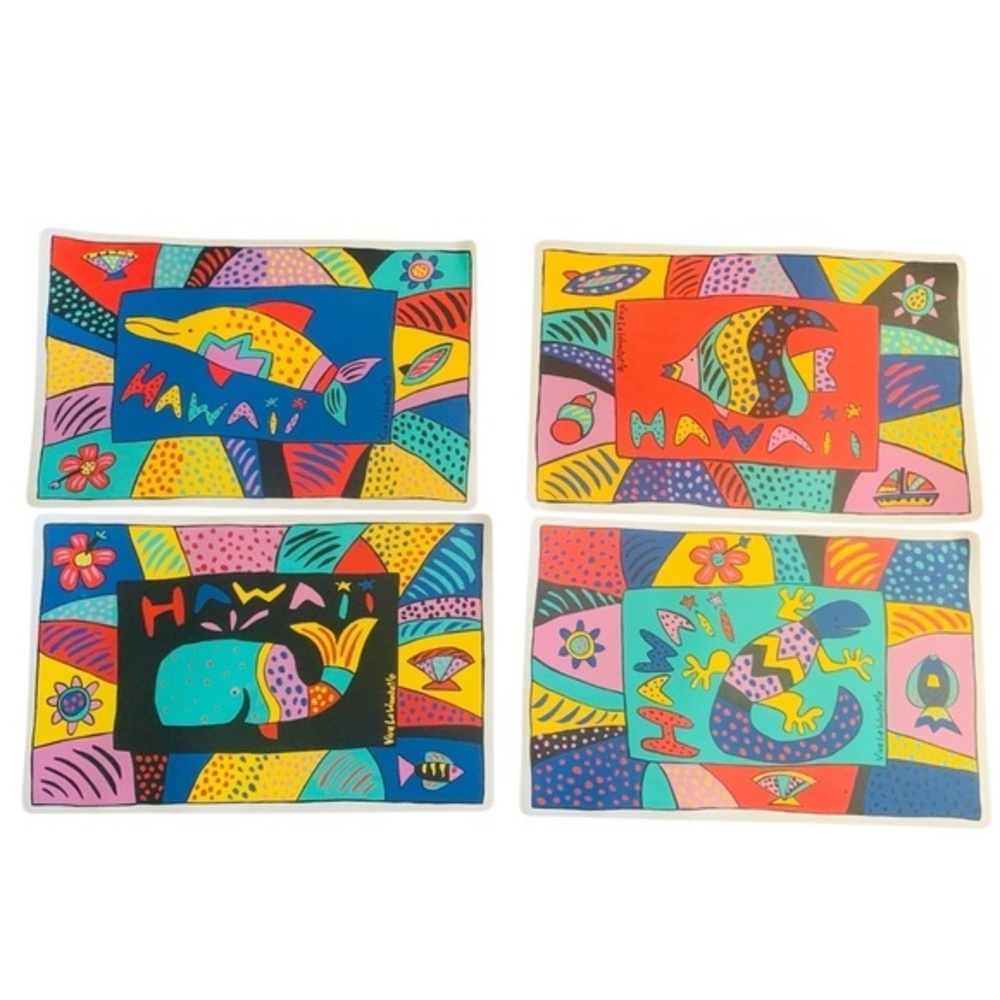 Vintage 80s Viva La Wombat Hawaii Placemats – Set of 4 Tropical Pop Art